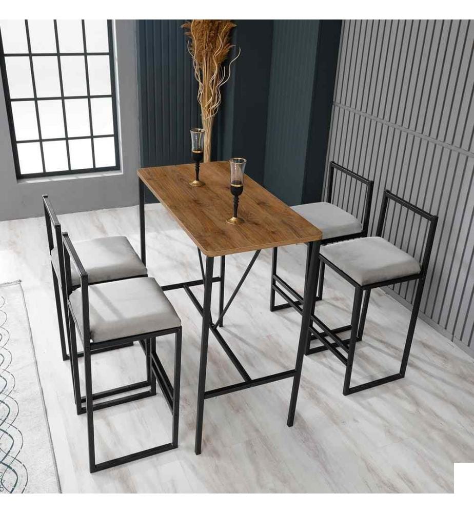 Ensemble table de bar et tabouret, 5 pièces, crème, noyer, noir, panneau de particules mélaminé, cadre : Métal