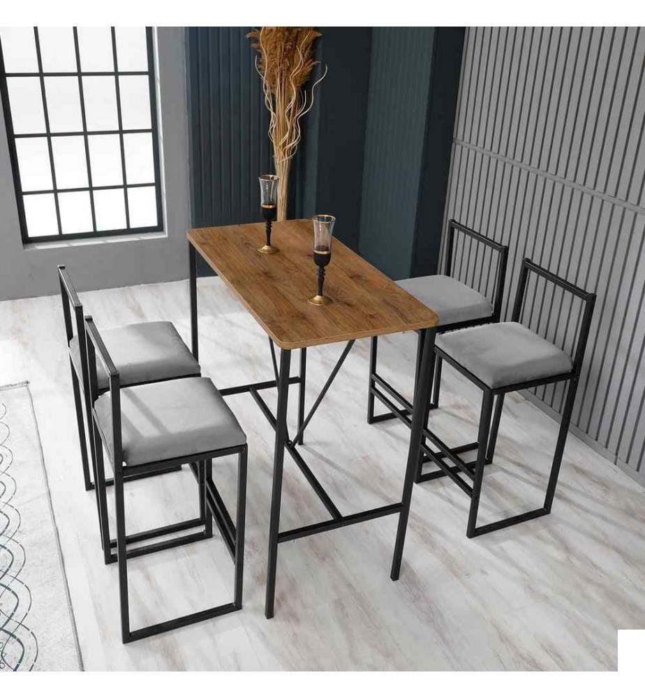 Ensemble table de bar et tabouret, 5 pièces, gris, noyer, noir, panneau de particules mélaminé, cadre : Métal