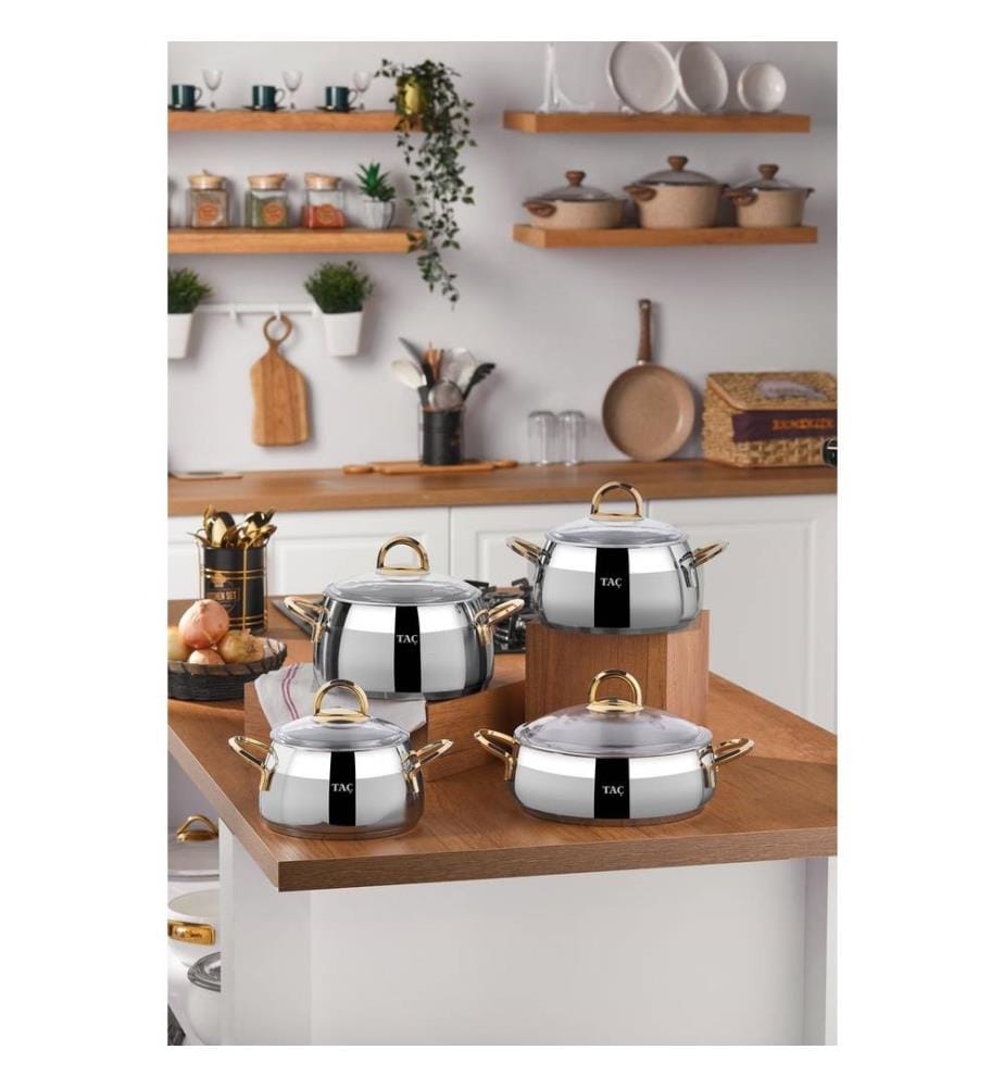 Set de casseroles, 8 pièces, argent, 100% acier inoxydable (Epaisseur : 0,8 Mm)