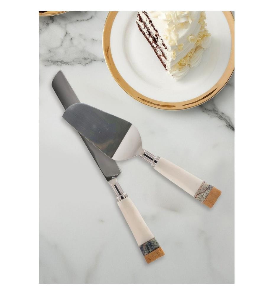 Service à gâteau, 2 pièces, jaune, blanc, 100% marbre