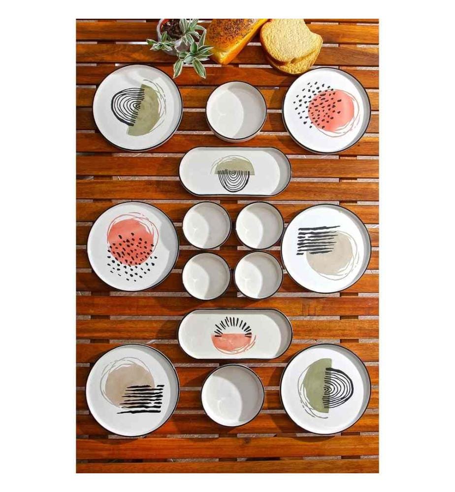 Set de petit déjeuner, 14 pièces, blanc, vert, noir, marron, 100% céramique