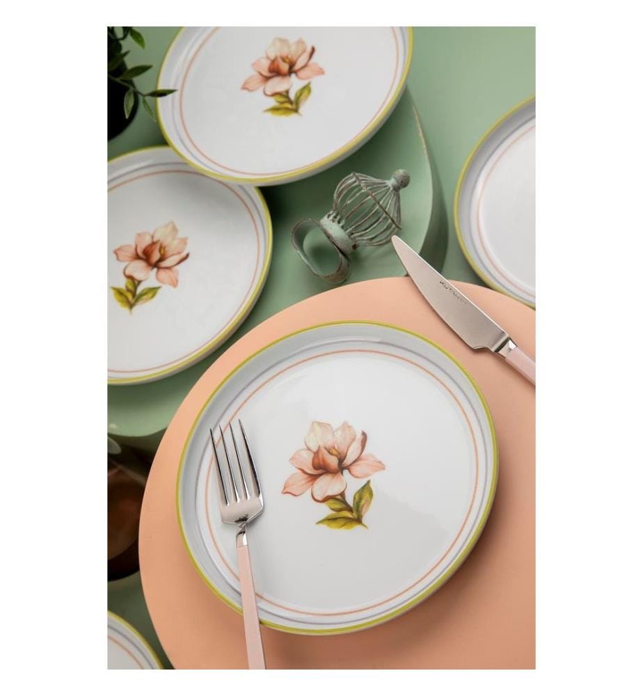Service à gâteaux, 6 pièces, blanc, rose, vert, 100% porcelaine