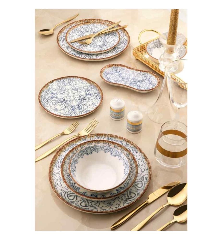 Service de table, 27 pièces, bleu, brun, blanc, 100% porcelaine