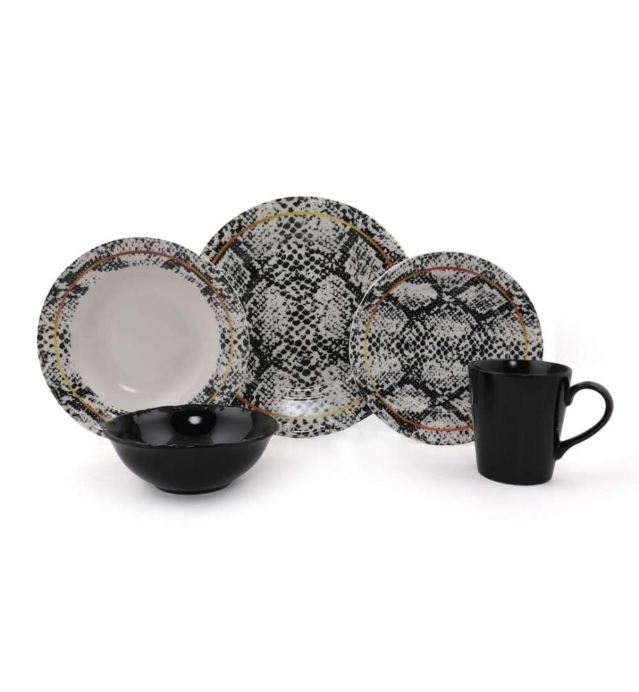 Service de table, 30 pièces, crème, noir, or, 100% porcelaine