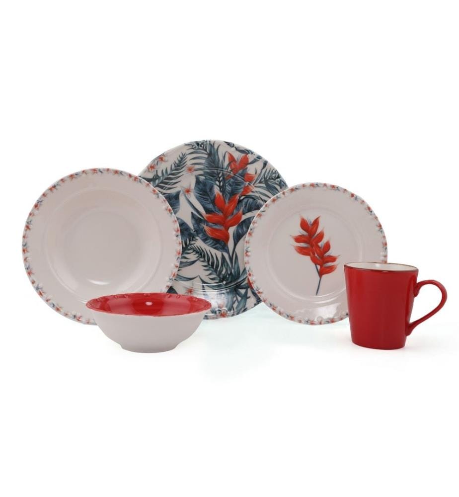 Service de table, 30 pièces, crème, rouge, bleu foncé, 100% porcelaine