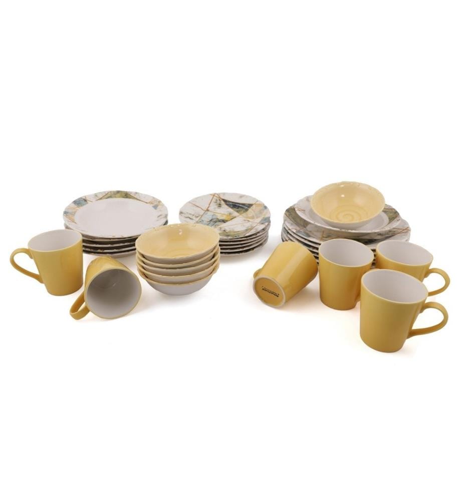 Service de table, 30 pièces, blanc, jaune, vert, 100% porcelaine