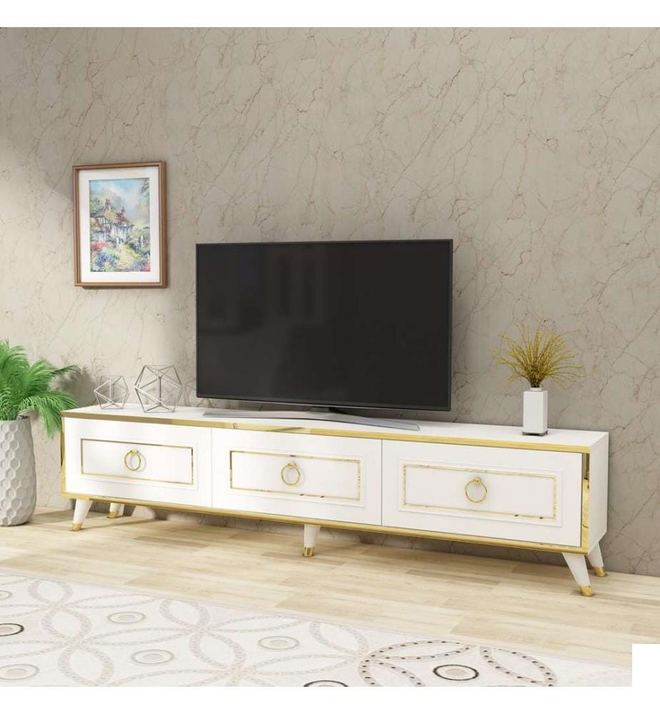 Meuble TV, blanc, or, panneau de particules mélaminé