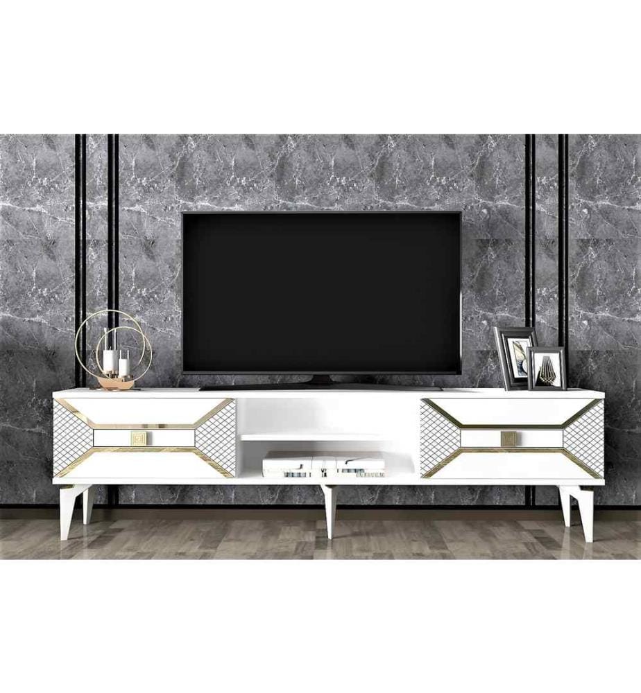 Meuble TV, blanc, or, panneau de particules mélaminé