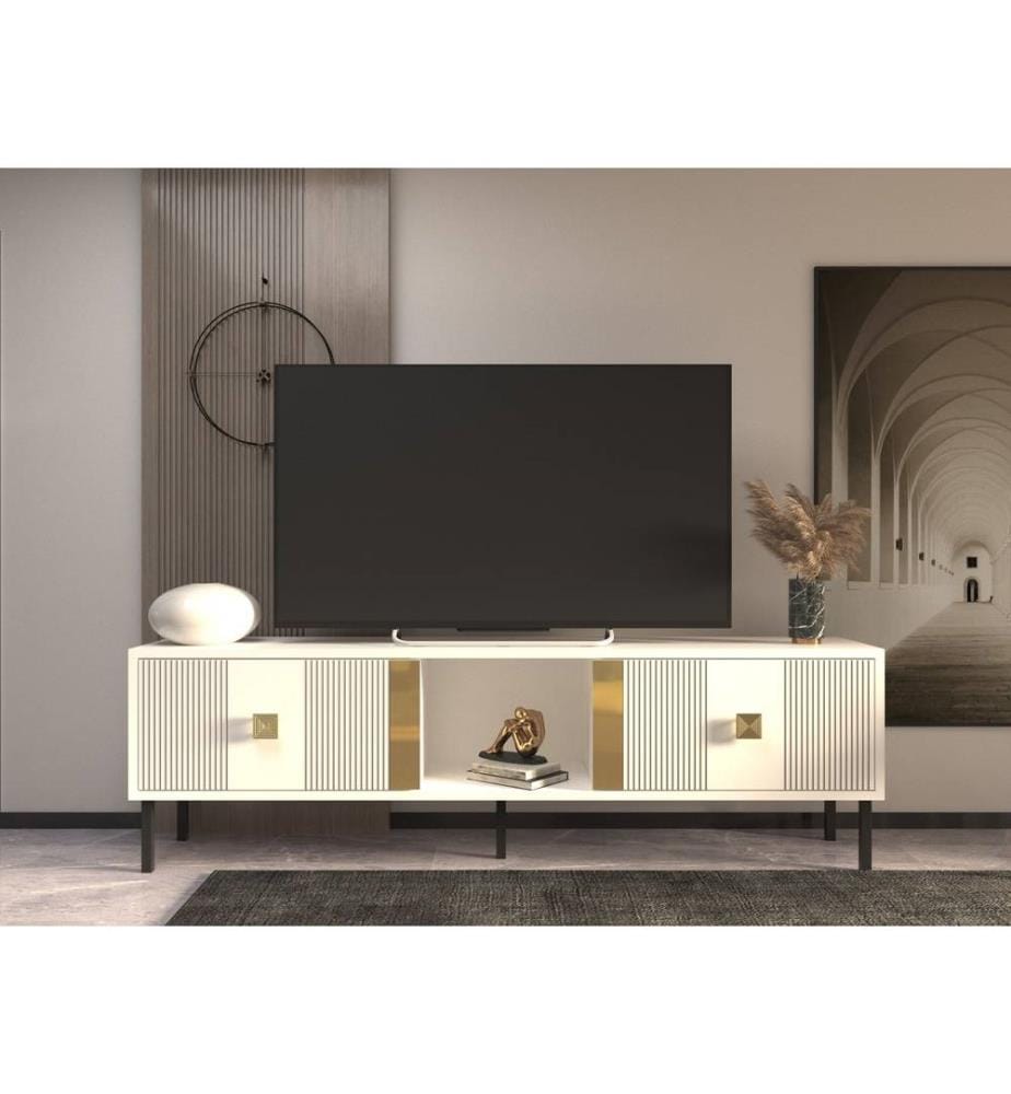 Meuble TV, blanc, or, panneau de particules mélaminé