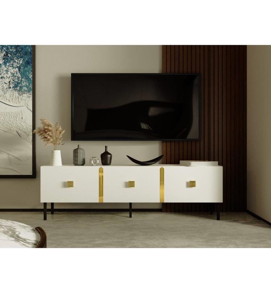 Meuble TV, blanc, or, panneau de particules mélaminé