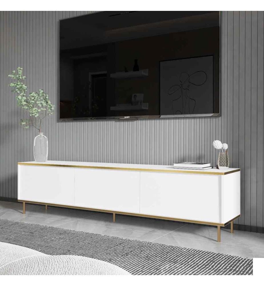 Meuble TV, blanc, or, panneau de particules 100% mélaminé