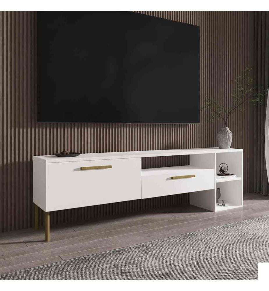 Meuble TV, blanc, or, panneau de particules 100% mélaminé