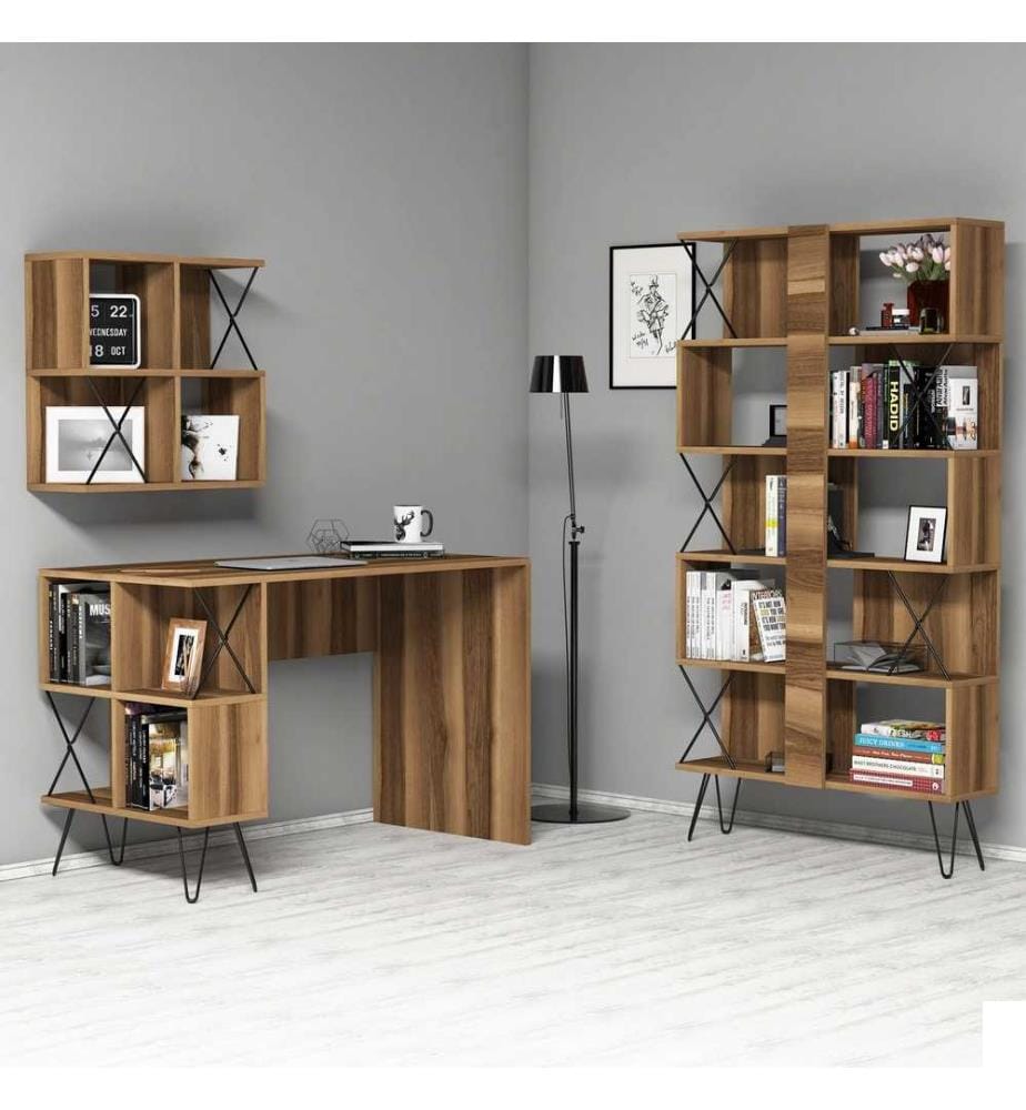 Bureau d'étude et étagère, noyer noir, panneau de particules mélaminé