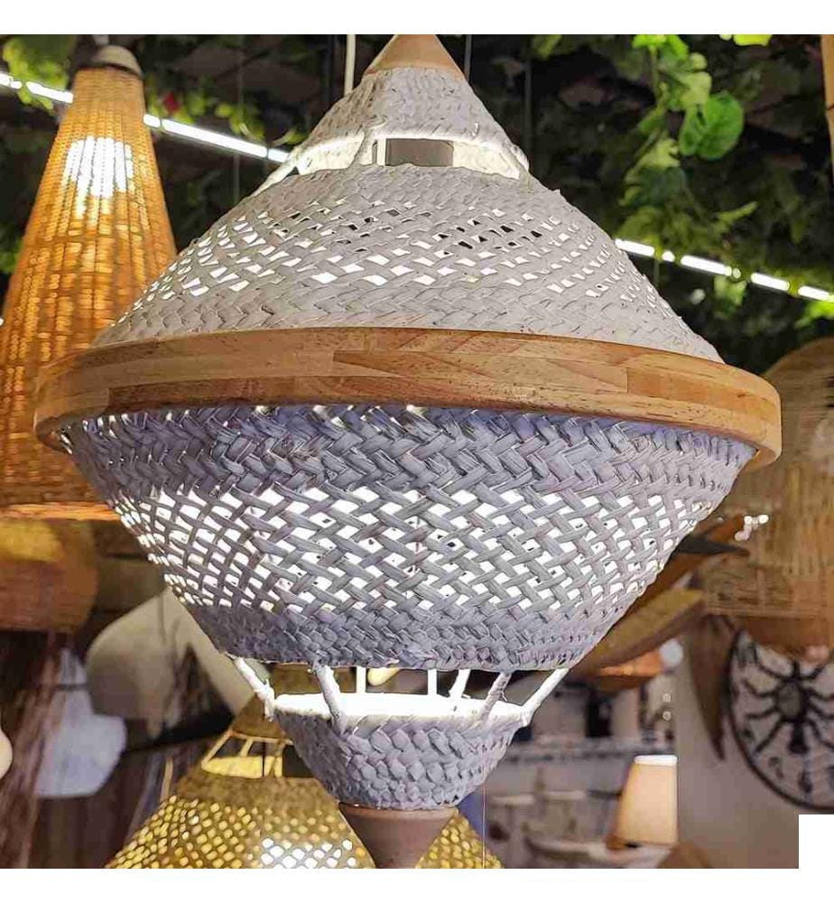 Lustre, chêne, corps en plastique - chapeau en rotin
