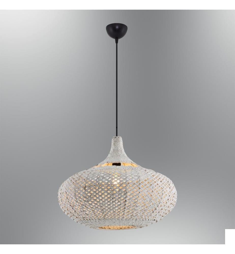 Lustre, blanc, corps en plastique - chapeau en rotin