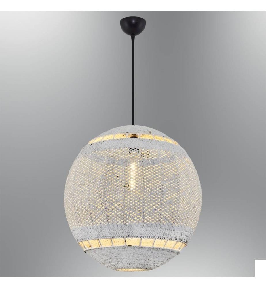 Lustre, blanc, corps en plastique - chapeau en rotin