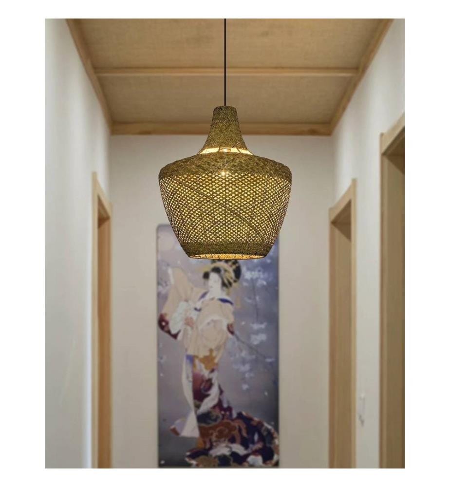 Lustre, chêne, corps en plastique - chapeau en rotin