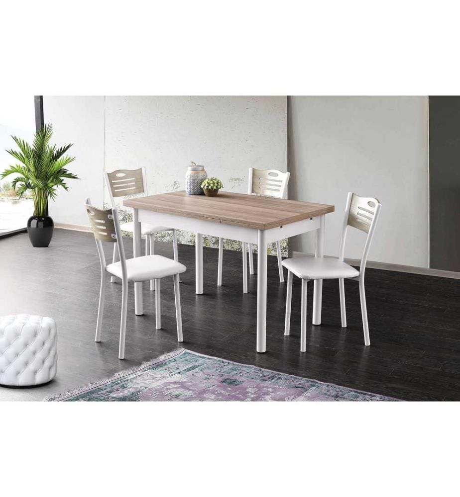 Table de salle à manger, chêne blanc, panneau de particules mélaminé, pieds en métal