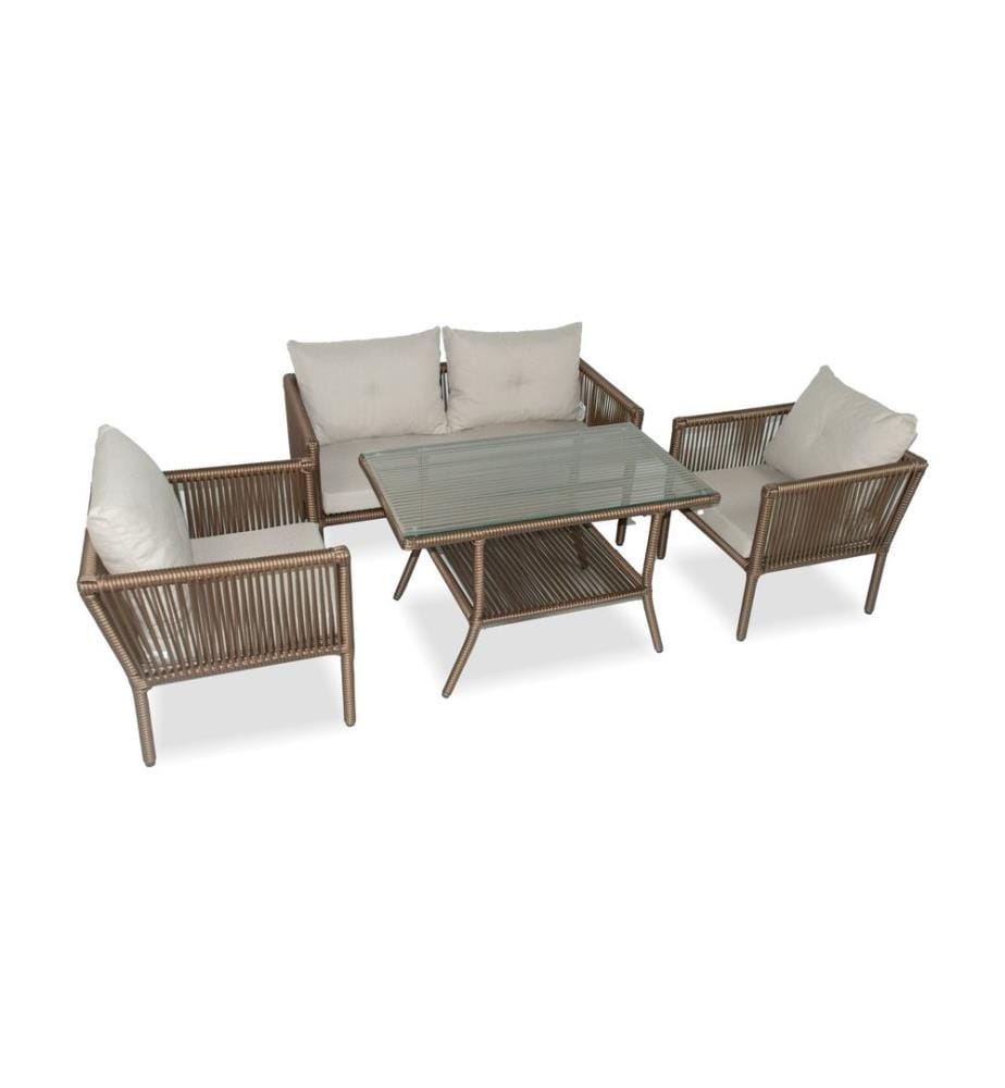 Salon de jardin, brun foncé, cadre en aluminium, plateau de table en verre trempé