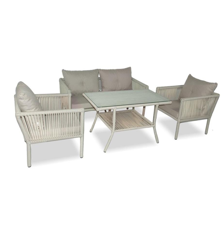 Salon de jardin, crème, cadre en aluminium, table en verre trempé