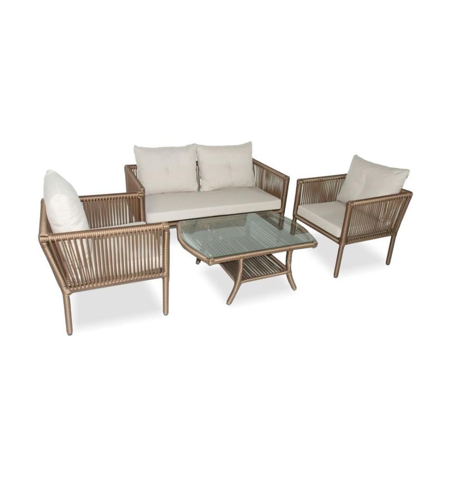 Salon de jardin, brun foncé, cadre en aluminium, plateau de table en verre trempé