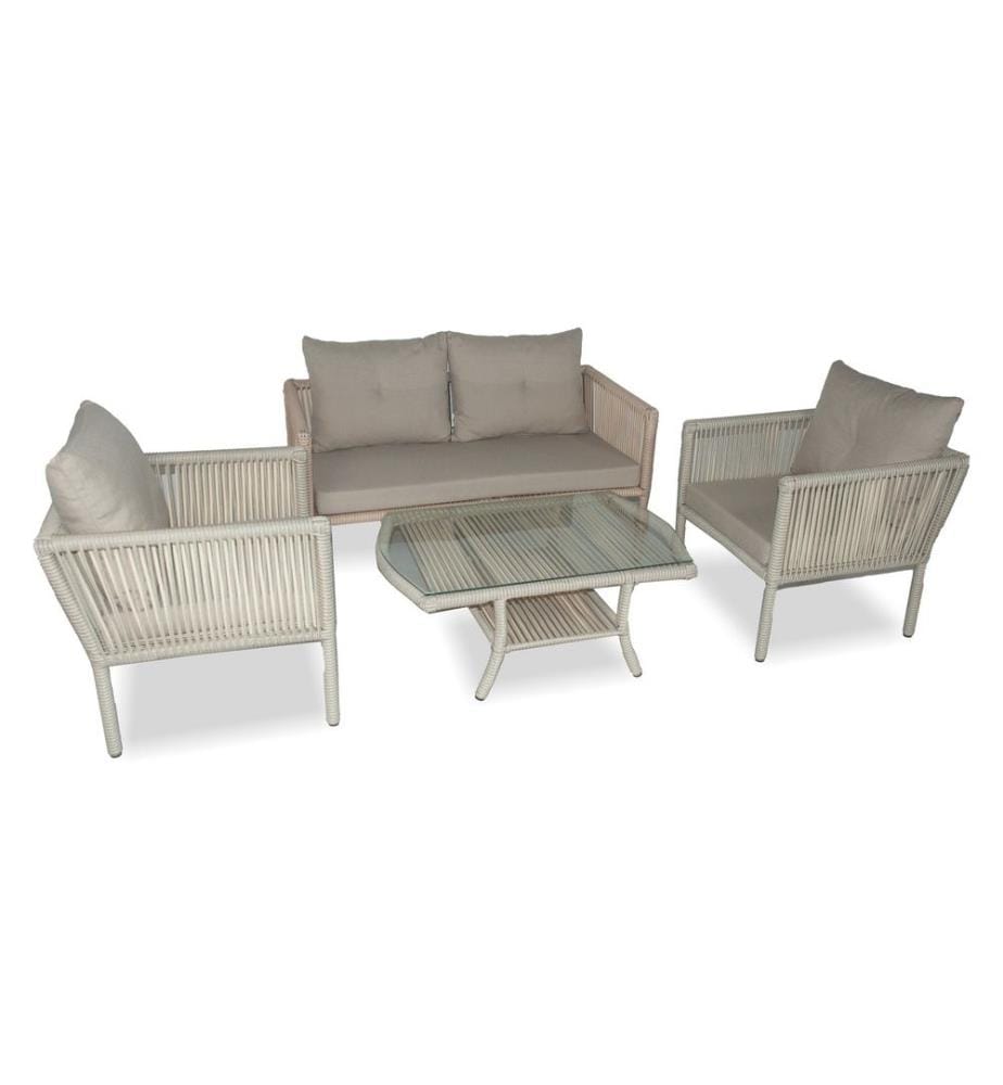Salon de jardin, crème, cadre en aluminium, table en verre trempé