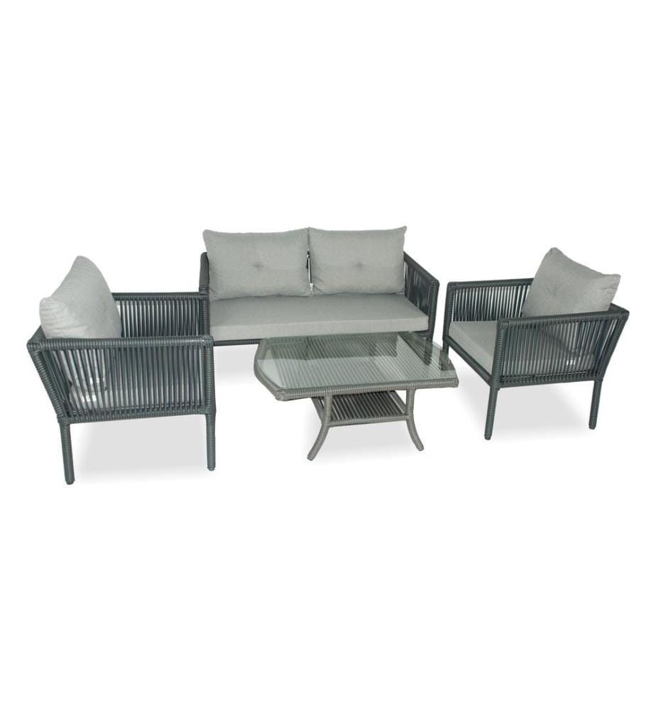 Salon de jardin, gris, cadre en aluminium, plateau en verre trempé