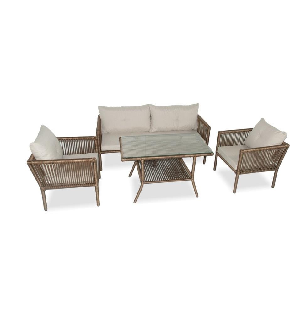 Salon de jardin, brun foncé, cadre en aluminium, plateau de table en verre trempé