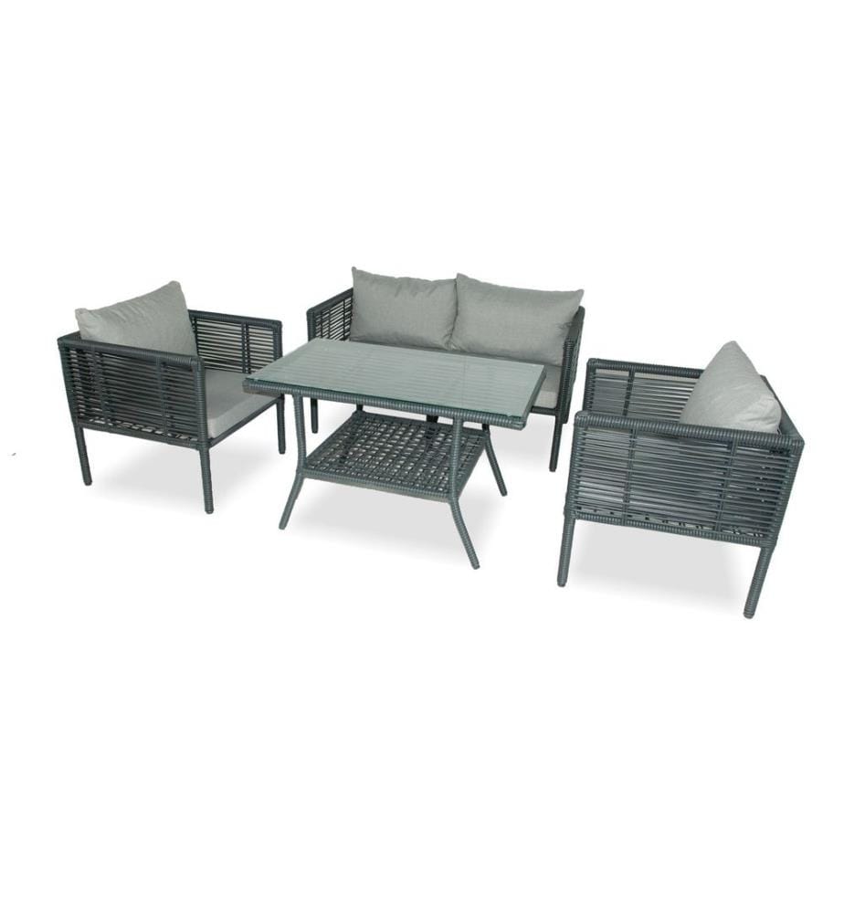 Salon de jardin, gris, cadre en aluminium, plateau en verre trempé