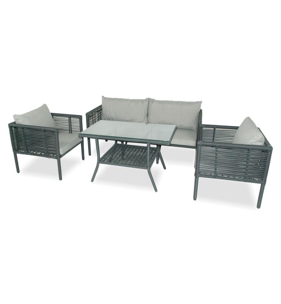Salon de jardin, gris, cadre en aluminium, plateau en verre trempé