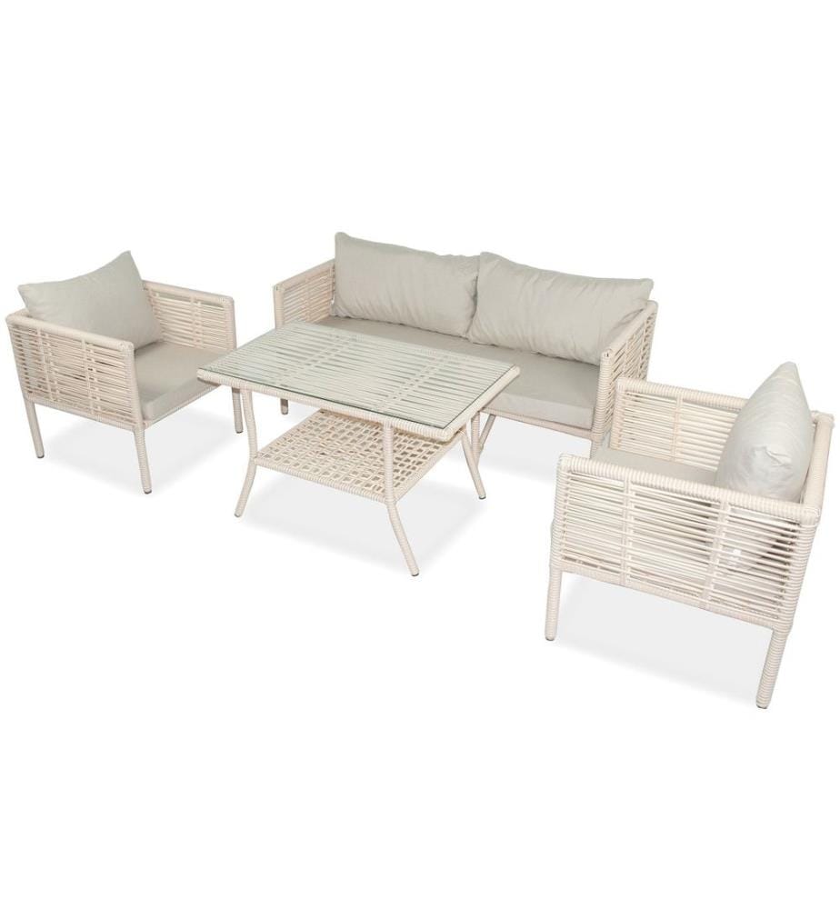 Salon de jardin, Light Brown, cadre en aluminium, plateau en verre trempé