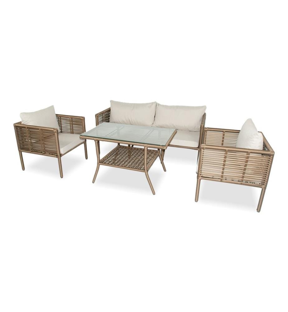 Salon de jardin, brun foncé, cadre en aluminium, plateau de table en verre trempé