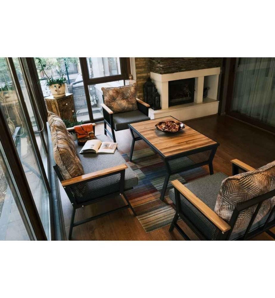 Salon de jardin, noir en bois gris, cadre en métal, mousse éponge pour s'asseoir