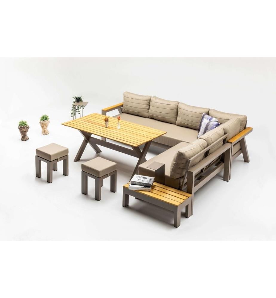 Salon de jardin, Cappuccino, structure en aluminium, plateau en bois d'Iroko