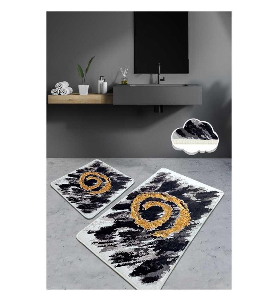 Set de tapis de bain, 2 pièces, noir, blanc, or, 100% polyester