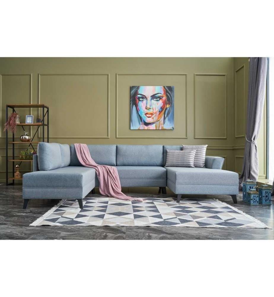 Canapé-lit d'angle, bleu, cadre en bois de sapin, tissu 50 % polyester - 50 % lin