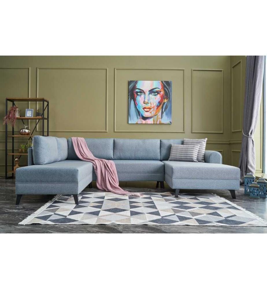 Canapé-lit d'angle, bleu, cadre en bois de sapin, tissu 50 % polyester - 50 % lin
