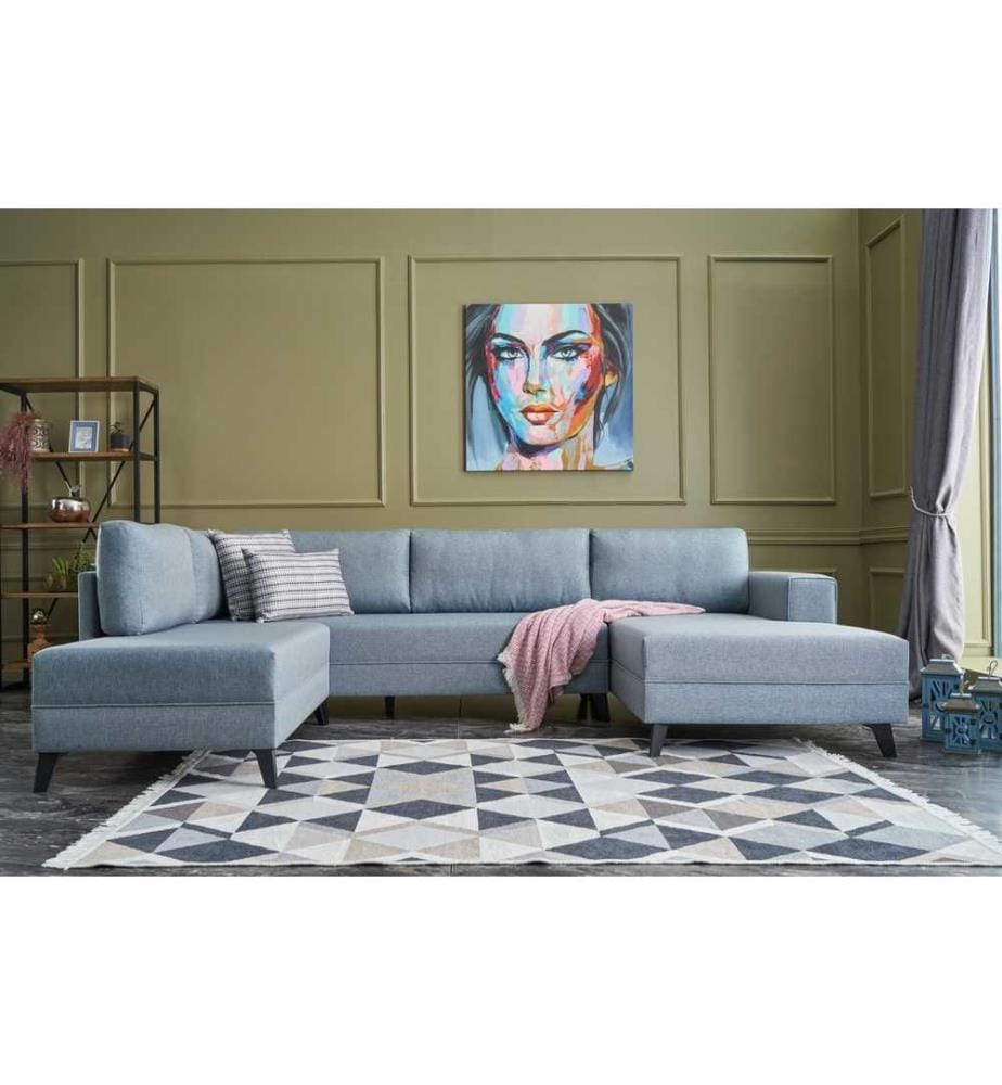 Canapé-lit d'angle, bleu, cadre en bois de sapin, tissu 50 % polyester - 50 % lin