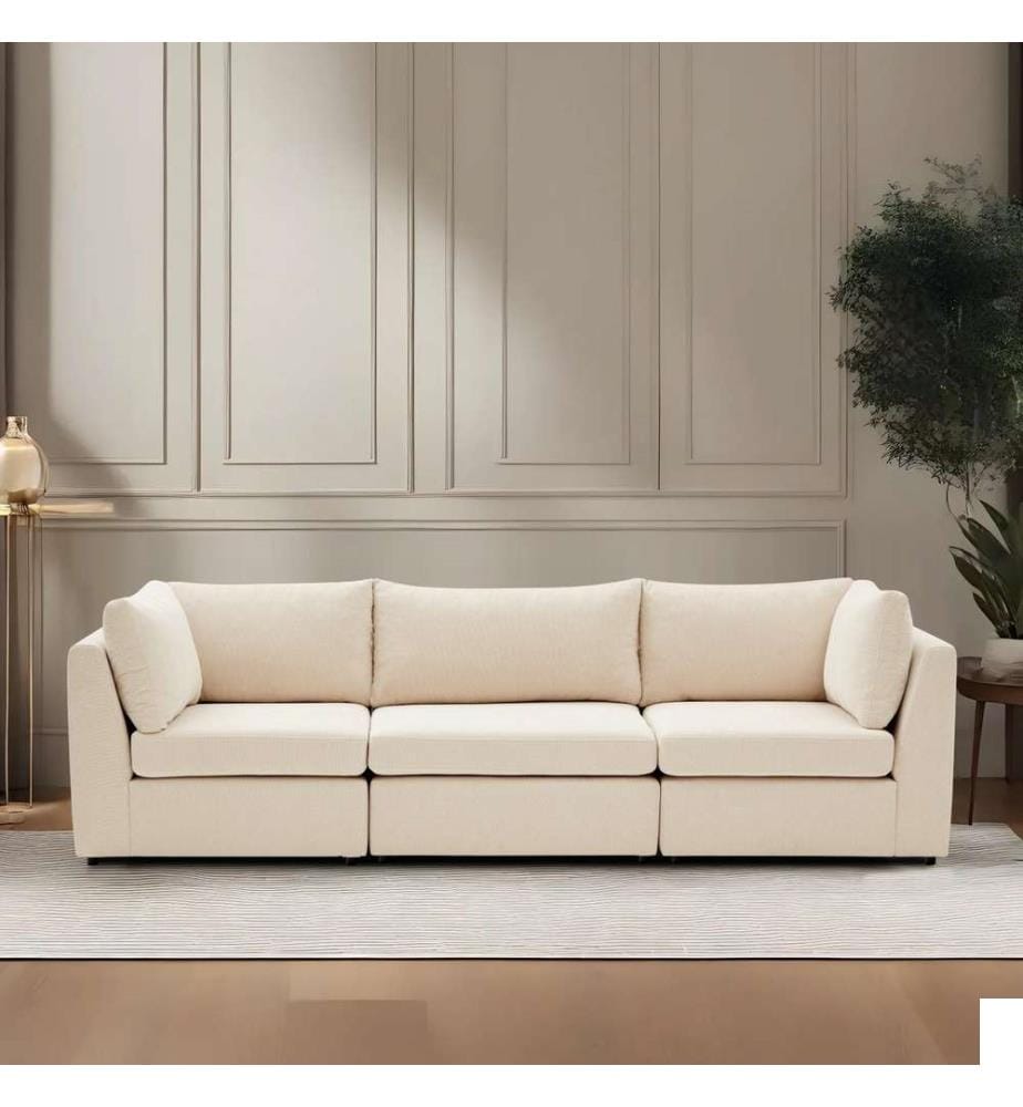 Canapé 3 places, crème, châssis : Bois de charme, tissu : 100% polyester (tissu chenille texturé)