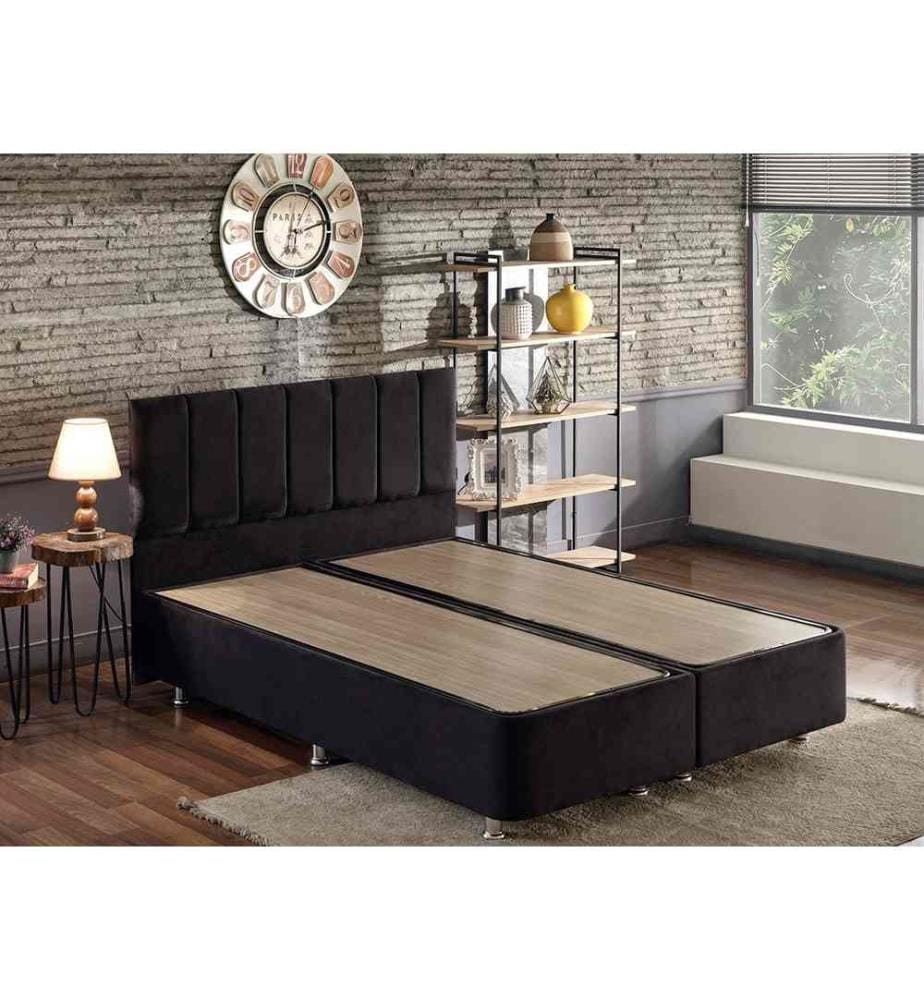 Sommier et tête de lit double, noir, cadre en acier, tissu Soho