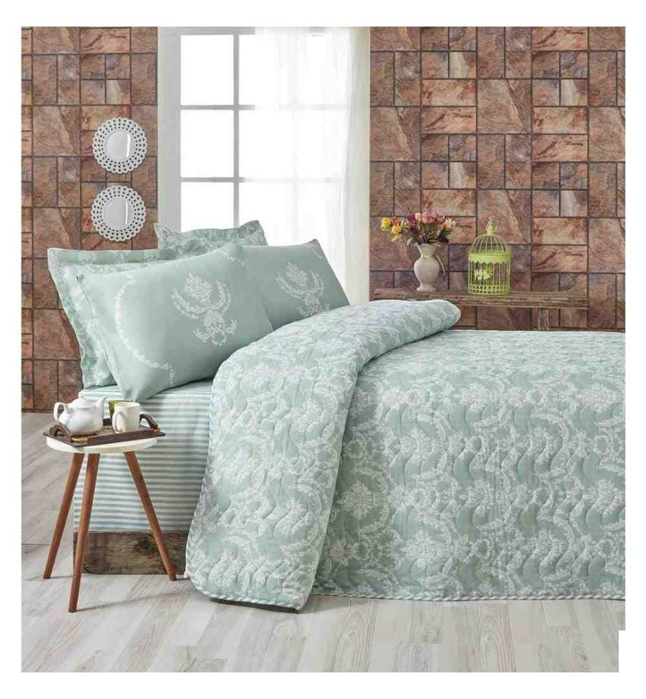 Couvre-lit matelassé King, Sea Green, White, 65% coton - 35% polyester (couverture) - , 100% fibre (garnissage)