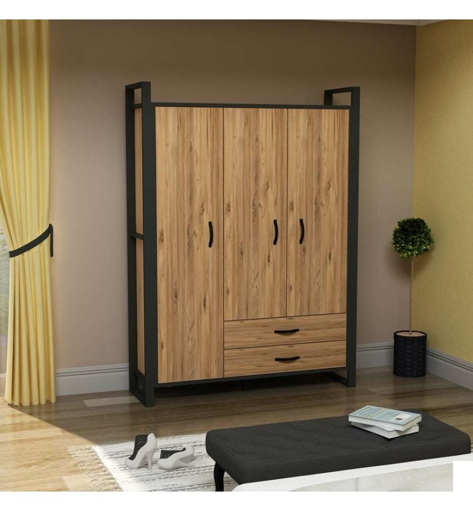 Armoire, pin atlantique, noir, panneau de particules mélaminé, pieds métalliques