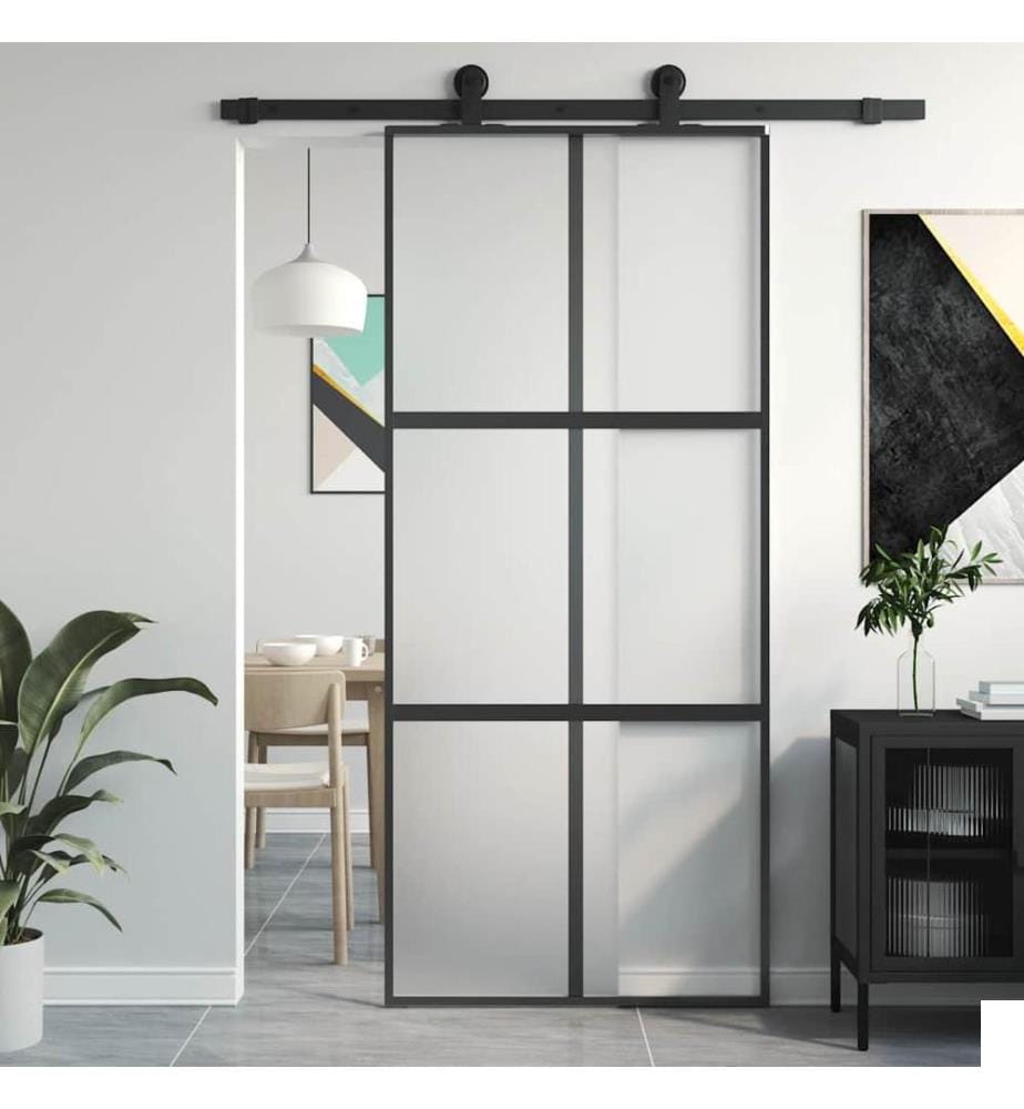 Porte coulissante noir 90x205 cm verre trempé aluminium