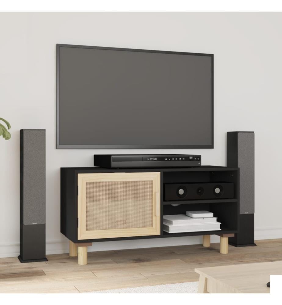 Meuble TV Noir 80x30x40 cm Bois de pin massif et rotin naturel