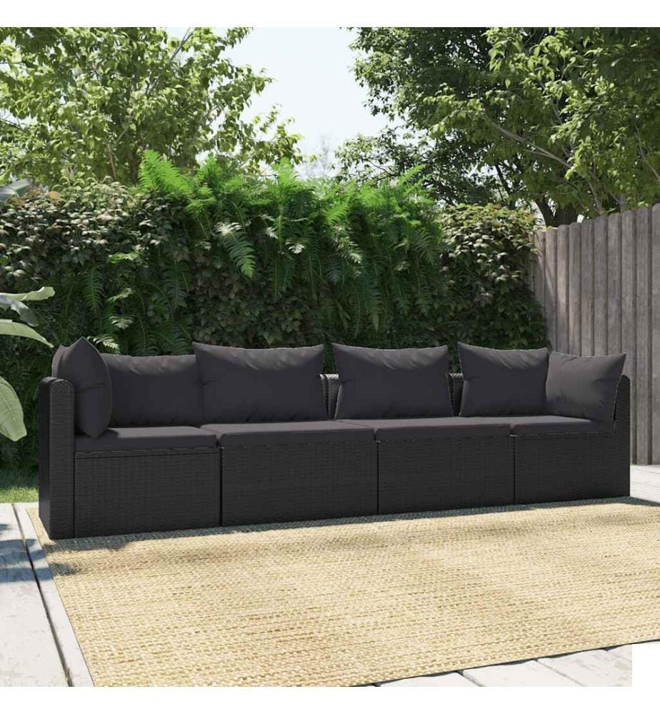 Canapés de jardin 4 pcs avec coussins Résine tressée Noir