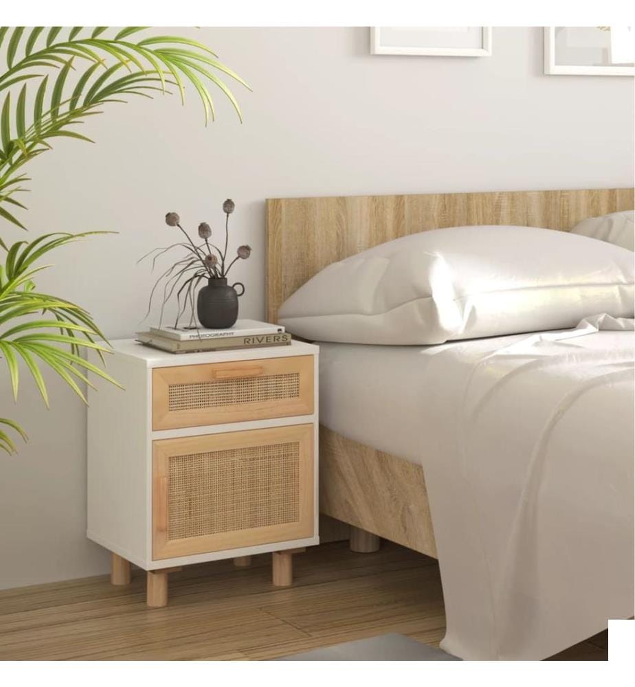 Table de chevet Blanc Bois de pin massif et rotin naturel