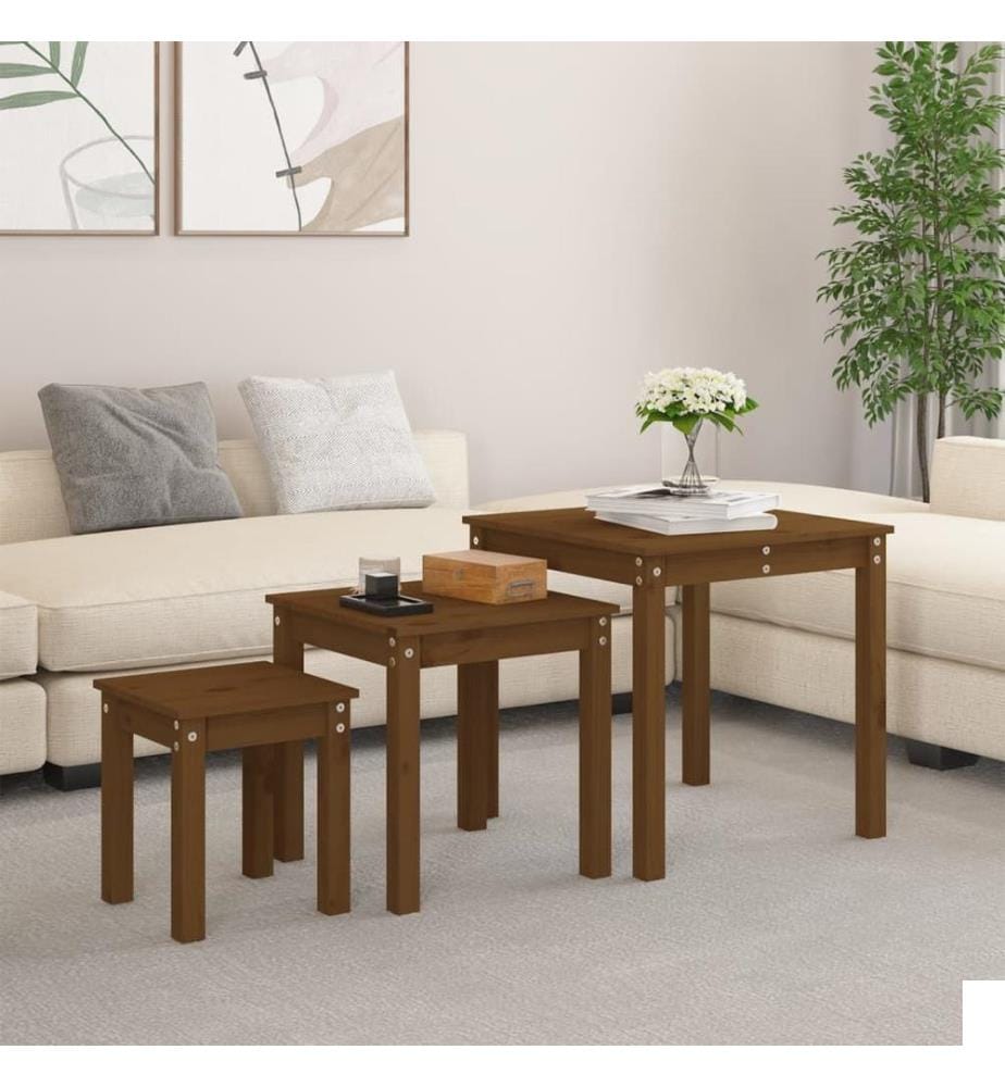 Tables gigognes 3 pcs Marron miel Bois de pin massif