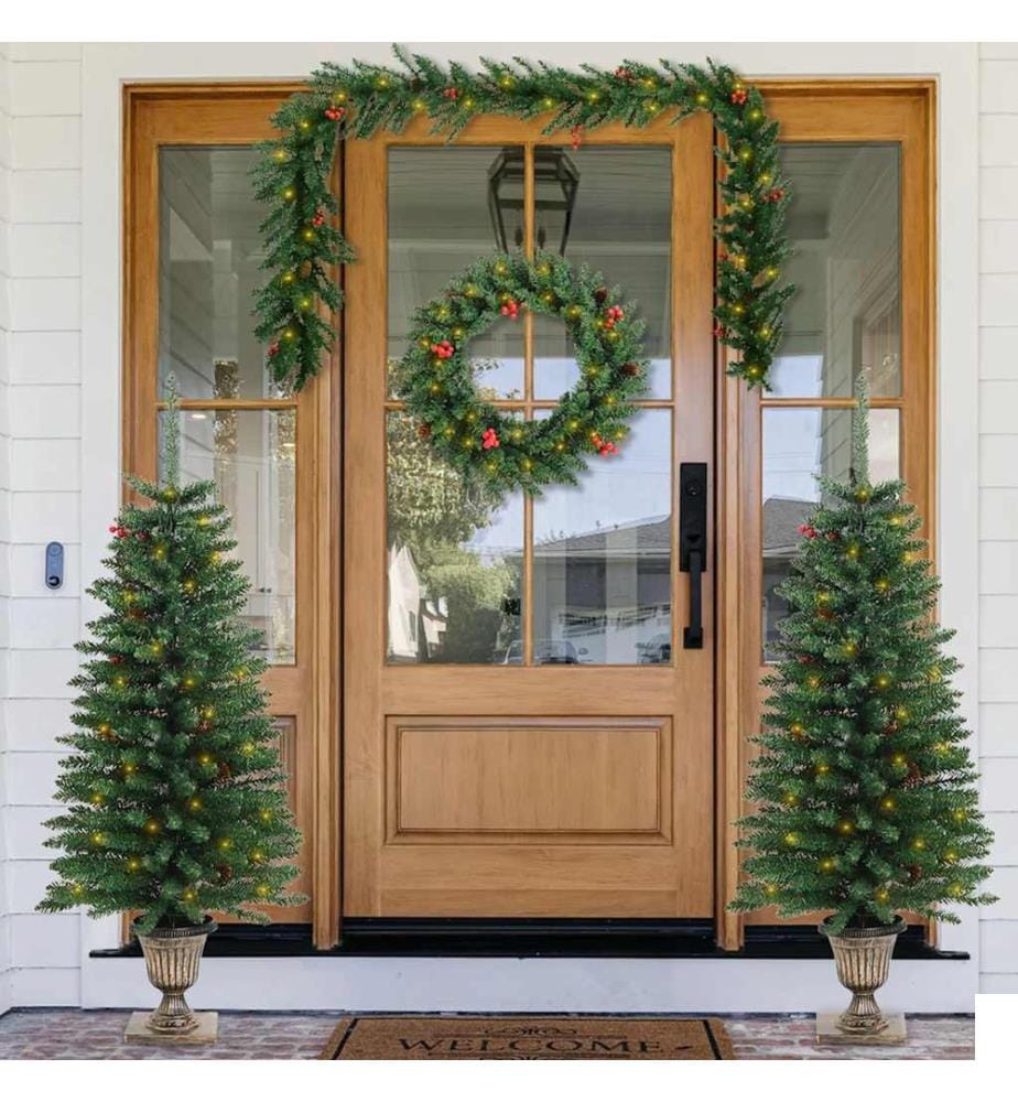 Arbres de Noël artificiels 2 pcs et couronne, guirlande et LED