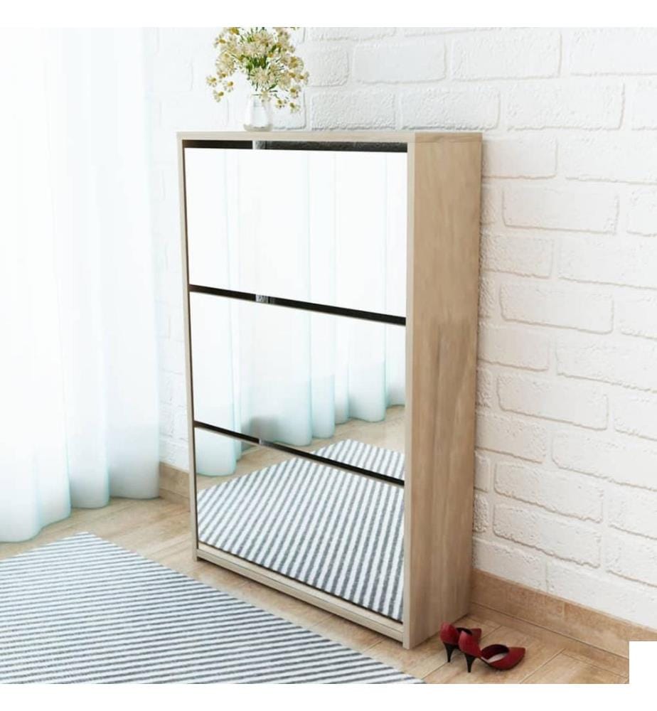 Meuble à chaussures 3 étagères Miroir 63x17x102,5 cm Chêne