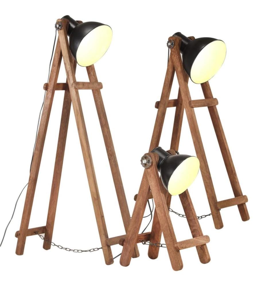 Lampadaires 3 pcs Noir E27 Bois de manguier massif